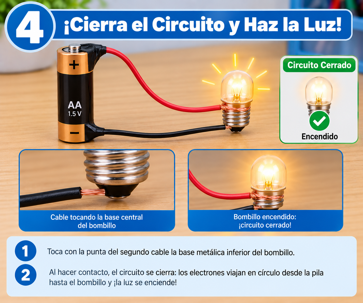 Guía ilustrada del circuito sencillo, paso 4: cierra el circuito y haz la luz
